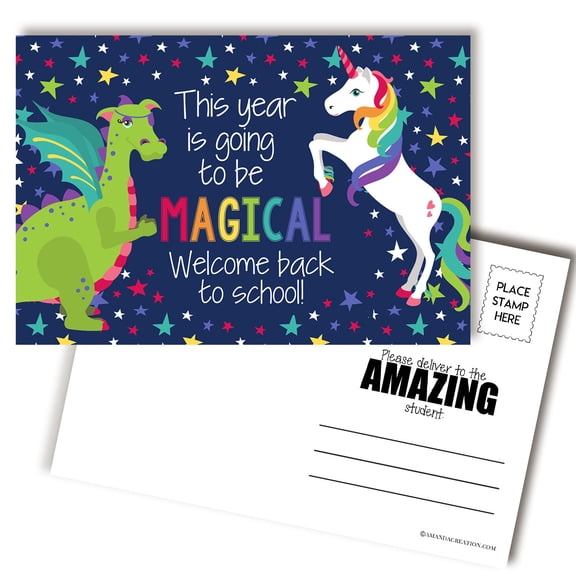 Unicorn & Dragon Back to School Teacher Postcards for Kids, 30 Pack 4x6 Welcome Back Postcards, Mailable with Postcard Stamp, Made in USA, Amanda Creation