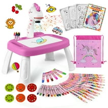 Unicorn Drawing Projector, Arts and Crafts for Girls, Contains Drawing Board with Music, Watercolor Pens, Pencils, Crayons, Scrapbook, Sticker Book, Unicorn Stickers, Stamps