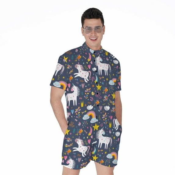 Unicorn Dream Cartoon Pattern Short Sleeve Men'S Rompers, Unicorn Casual Summer Jumpsuits Outfit
