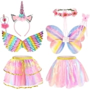 Unicorn Dress Up Fairy Costume for Girls,Tutu Skirt with Fairy Wings Headband Wands Princess Costumes for Birthday Outfit Christmas Halloween Costume Gift