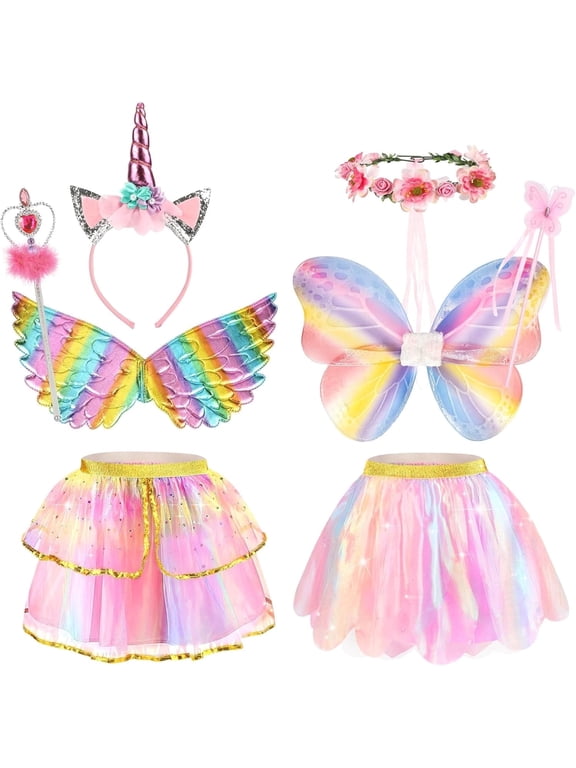 Unicorn Dress Up Fairy Costume for Girls,Tutu Skirt with Fairy Wings Headband Wands Princess Costumes for Birthday Outfit Christmas Halloween Costume Gift