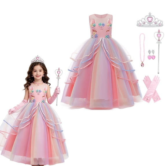 Unicorn Dress for Girls Unicorn Costume Pageant Princess Dress Party Birthday Christmas Long Gown with Accessories
