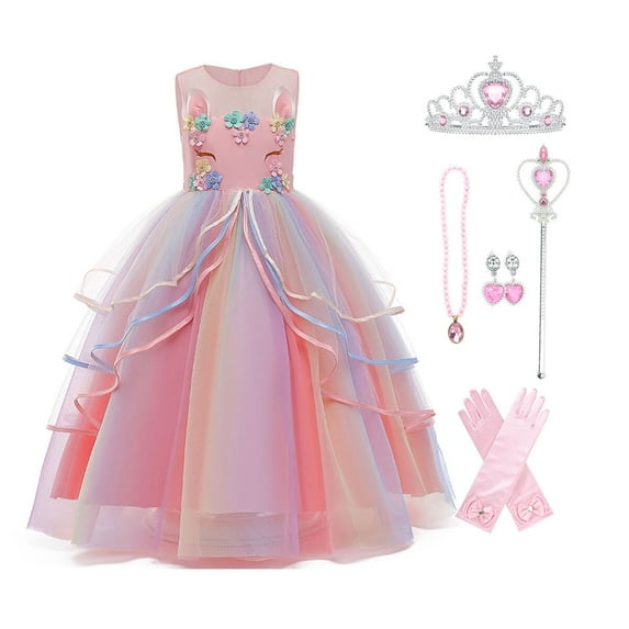 Unicorn Dress for Girls Unicorn Costume Pageant Princess Dress Party Birthday Christmas Long Gown with Accessories