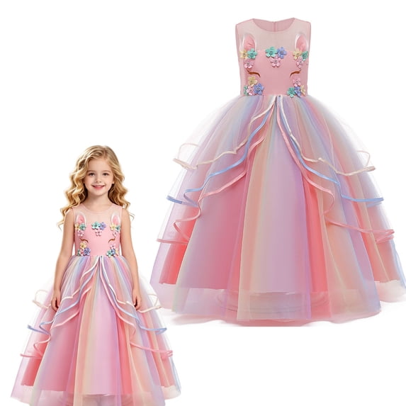 Unicorn Dress for Girls Unicorn Costume Pageant Princess Dress Party Birthday Christmas Long Gown with Accessories