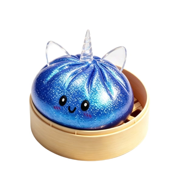 Unicorn Dumpling Squishy Toy with Steamer Basket, 3.3 Inches, Blue Glitter, for Relaxation, Slow Rising Squeeze Toy