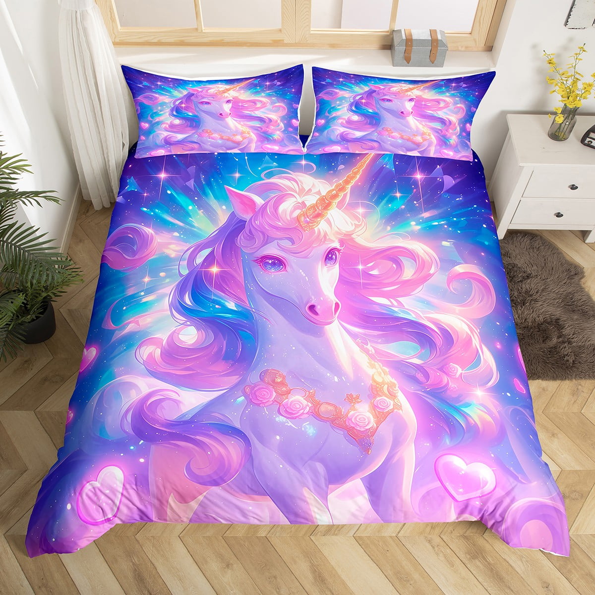Unicorn Duvet Cover Queen for Girls,Purple Unicorn Bedding Set for Kids