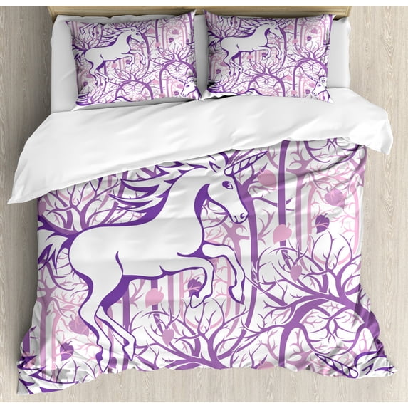 Unicorn Duvet Cover Set, Dreamy Horse Galloping on The Curved and Swirled Tree Branches in an Abstract Forest Pattern, Decorative 3 Piece Bedding Set with 2 Pillow Shams, Queen Size, Purple, Ambesonne