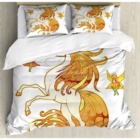 Unicorn Duvet Cover Set King Size, Exquisite Vivid Hair Cute Unicorn with Fairies Imaginary Legendary Creature Art Print, Decorative 3 Piece Bedding Set with 2 Pillow Shams, Multi, by Ambesonne