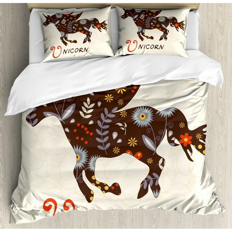 Unicorn Duvet Cover Set King Size, Silhouette with Ethnic Oriental