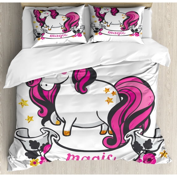 Unicorn Duvet Cover Set Queen Size, Graphic of Surreal Animal with Long Horn and Hare Symbol of Female Energy Print, Decorative 3 Piece Bedding Set with 2 Pillow Shams, Pink White, by Ambesonne