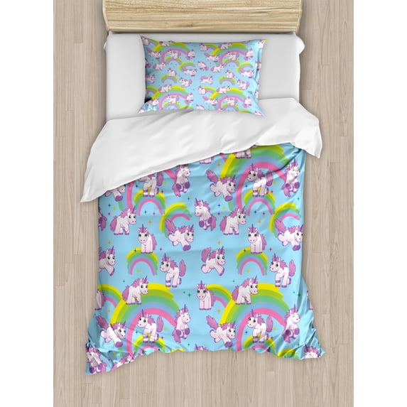 Unicorn Duvet Cover Set Twin Size, Repeating Pattern Mystical Ancient Beast Purity Grace Friendship Symbol Graphic Art, Decorative 2 Piece Bedding Set with 1 Pillow Sham, Multicolor, by Ambesonne