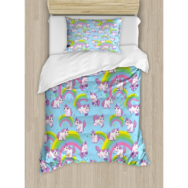 Unicorn Duvet Cover Set Twin Size, Repeating Pattern Mystical Ancient Beast Purity Grace Friendship Symbol Graphic Art, Decorative 2 Piece Bedding Set with 1 Pillow Sham, Multicolor, by Ambesonne