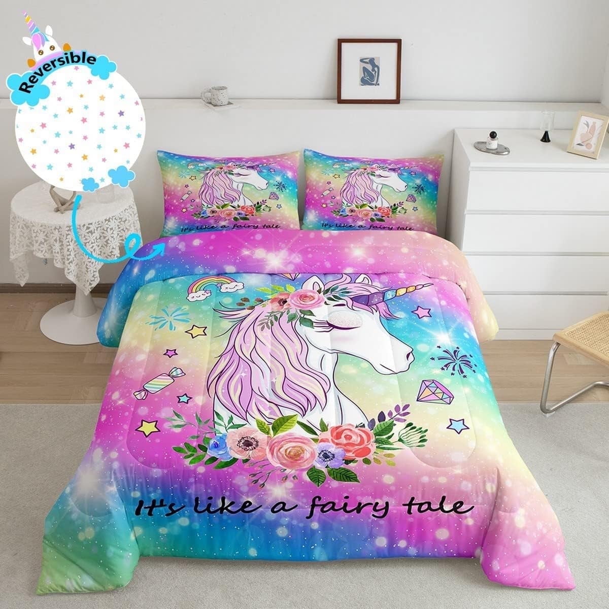 Unicorn quilt pastel rainbow stars cotton flannel rag quilt blanket newest throw handmade fantasy mythical horn horse blue pink green Ready to Ship