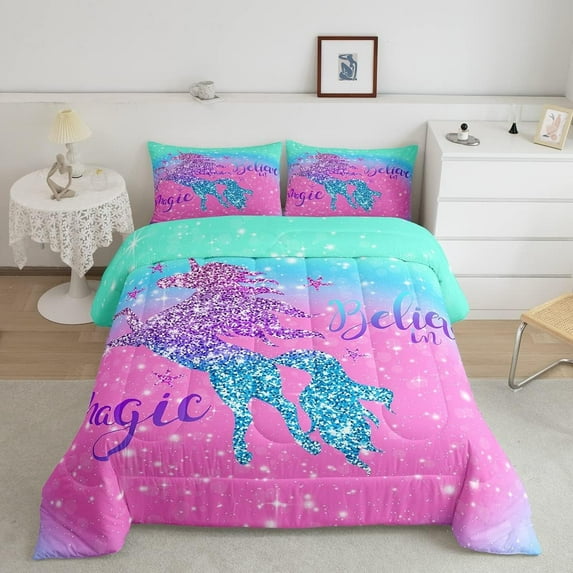 Unicorn Duvet Insert Twin Size,Glitter Starry Sky Comforter Set,Pink Blue Gradient Bedding Set,Sparkel Sequins Animal Down Comforter Teens Women Youth,2Pcs Magical Unicorn Quilt Comforter