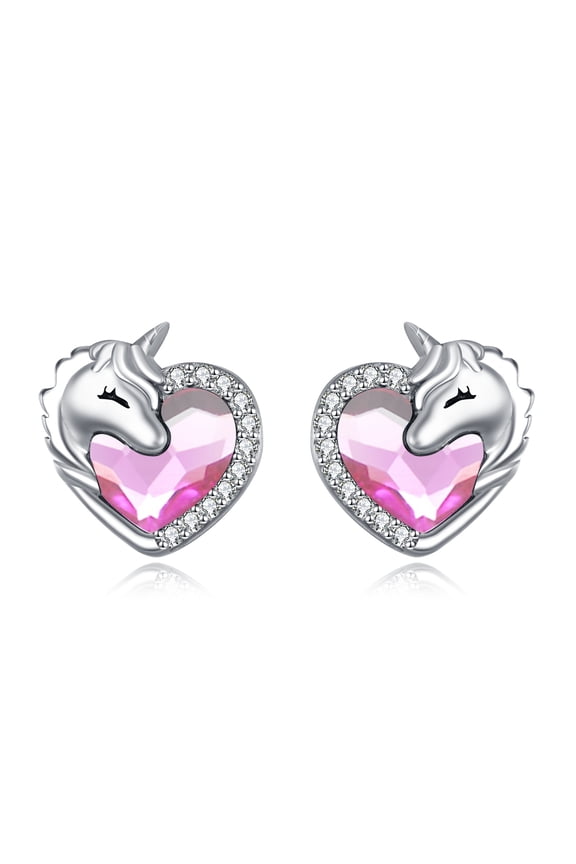 Unicorn Earrings S925 Sterling Silver Cute Animal Stud Earring with Heart Crystal Jewellery Birthday Gifts for Women Daughter Sister (Light Pink)