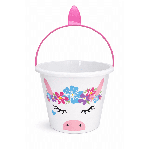 Unicorn Easter Basket  Reusable Plastic Unicorn Bucket with Pink Handle, Easter Egg Hunt Pail, Birthday Gift Basket
