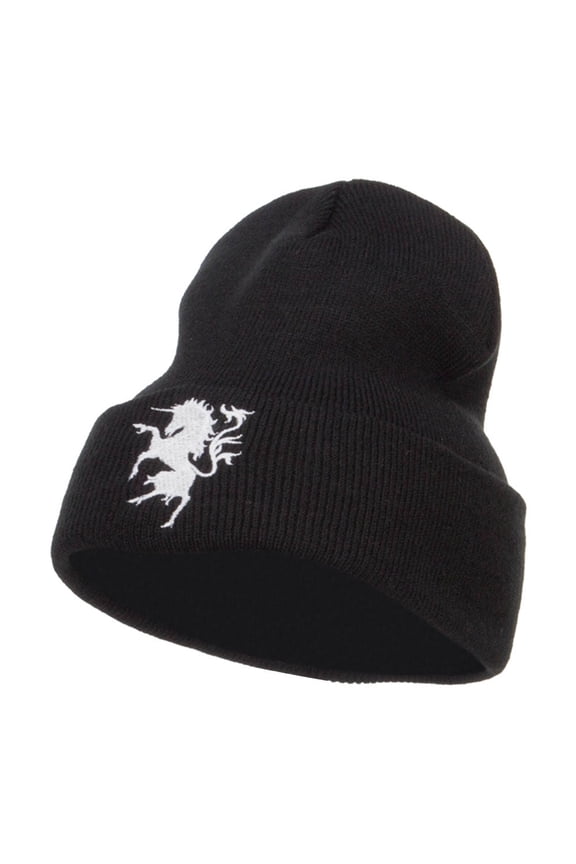 Unicorn Emblem Embroidered Long Beanie - Black OSFM
