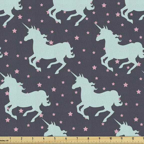 Ambesonne Unicorn Fabric by the Yard Upholstery, Fir Trees Flora and Fauna, 2 Yards, Dark Indigo Multicolor