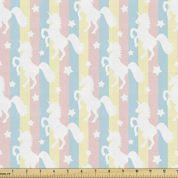 Ambesonne Unicorn Fabric by the Yard Upholstery, Pastel Stripes Stars, 1 Yard, Multicolor