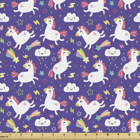 Ambesonne Unicorn Fabric by the Yard Upholstery, Theme Rainbow Cloud, 1 Yard, Dark Indigo and Multicolor