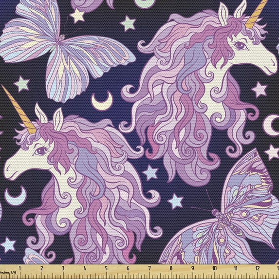 Ambesonne Unicorn Fabric by the Yard Upholstery, Butterfly Stars Moons, 1 Yard, Multicolor