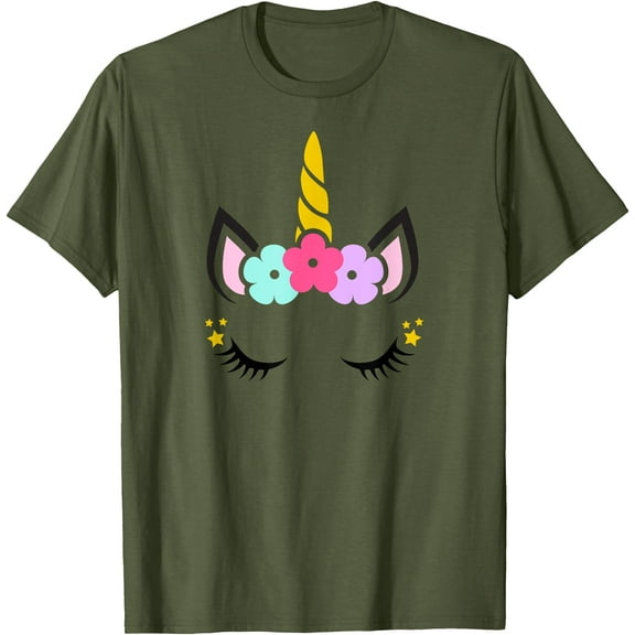 Unicorn Face Birthday Mythical Creature Unisex T-Shirt for Men Women Kids Toddler,Military Green Color,Size L