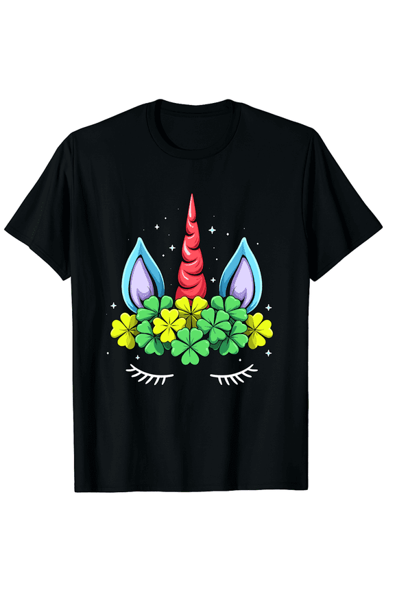 Unicorn Face With Shamrock Horn Men Women Short Sleeve Graphic T-Shirt, Magical St Patricks Day Tee