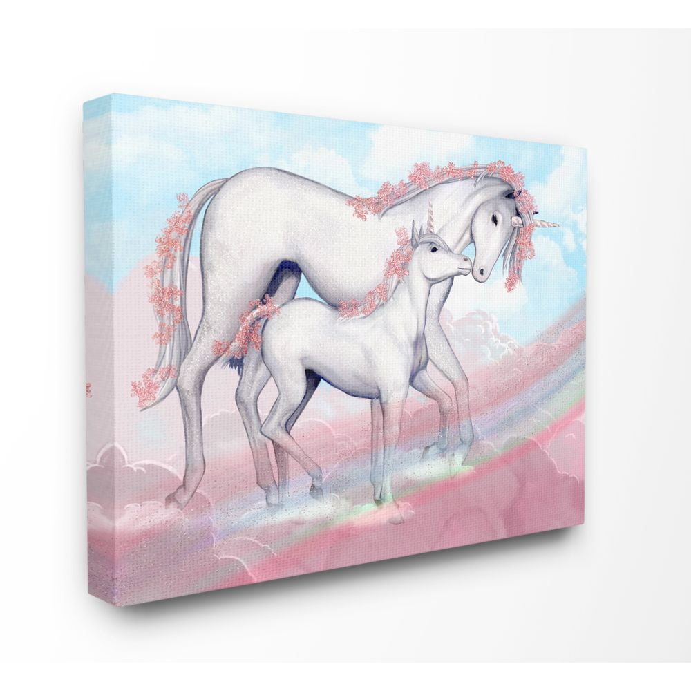 Unicorn Family Pink Rainbow Fantasy Animal Kids Design Stretched Canvas Wall Art by Ziwei Li
