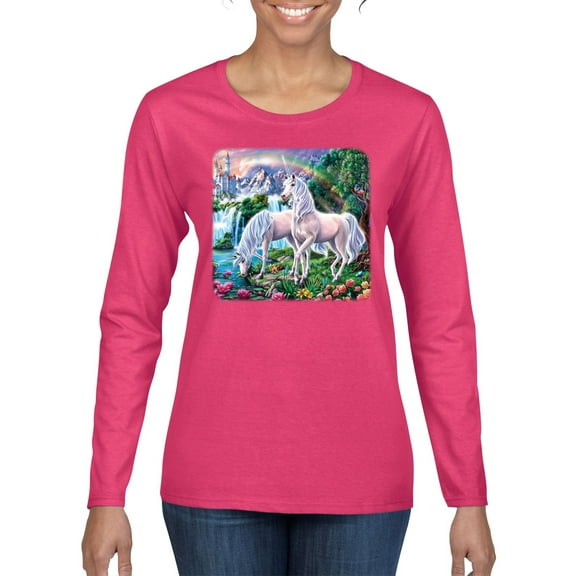 Unicorn Fanstasy Island Castle Animal Lover Female Graphic Long Sleeve T-Shirt, Fuschia, Large