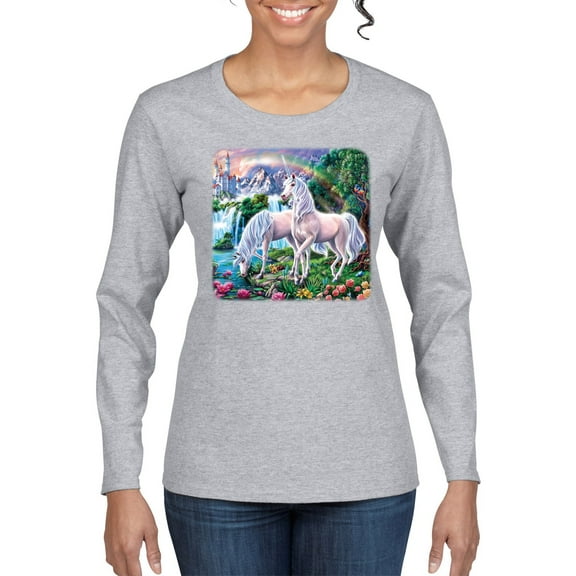 Unicorn Fanstasy Island Castle Animal Lover Female Graphic Long Sleeve T-Shirt, Heather Grey, Large