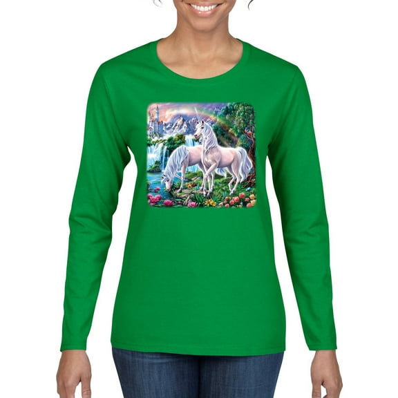 Unicorn Fanstasy Island Castle Animal Lover Female Graphic Long Sleeve T-Shirt, Kelly, Small