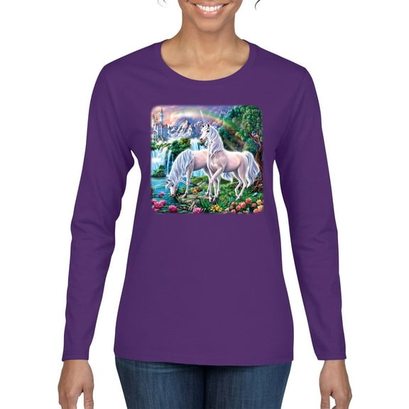 Unicorn Fanstasy Island Castle Animal Lover Female Graphic Long Sleeve T-Shirt, Purple, Small