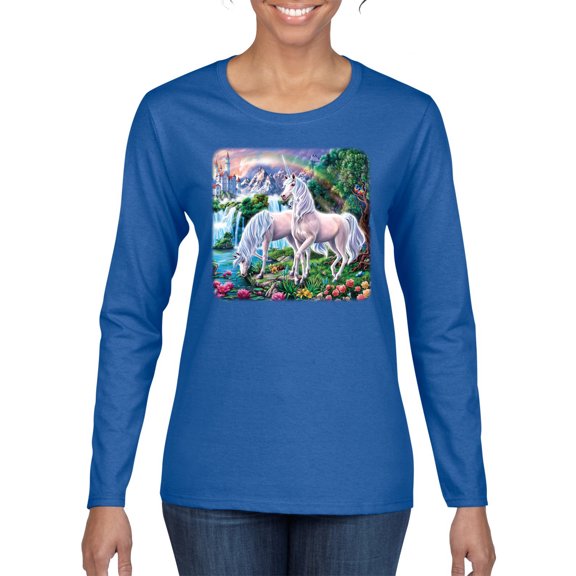 Unicorn Fanstasy Island Castle Animal Lover Female Graphic Long Sleeve T-Shirt, Royal, Large