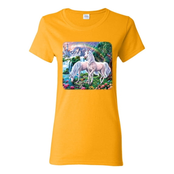 Unicorn Fanstasy Island Castle Animal Lover Female Graphic T-Shirt, Gold, Large