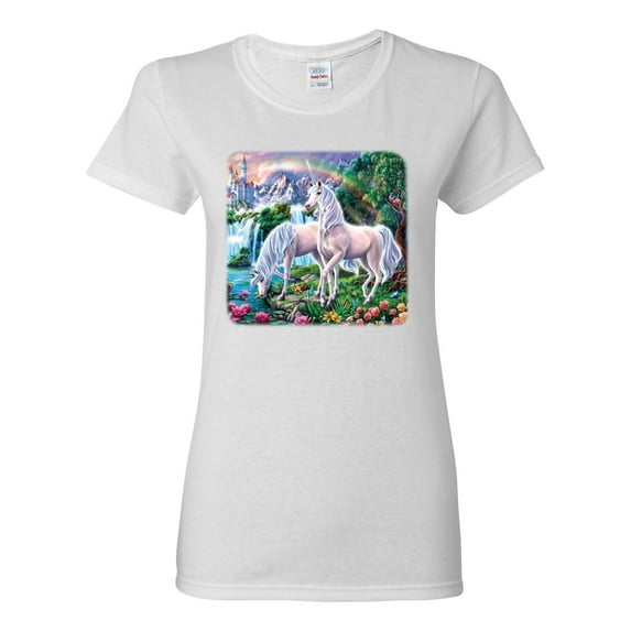 Unicorn Fanstasy Island Castle Animal Lover Female Graphic T-Shirt, White, 3XL