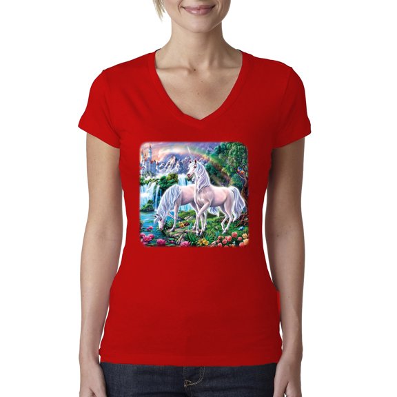 Unicorn Fanstasy Island Castle Animal Lover Female Junior Fit V-Neck Tee, Red, X-Large