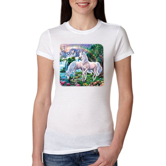 Unicorn Fanstasy Island Castle Animal Lover Female Slim Fit Junior Tee, White, Medium