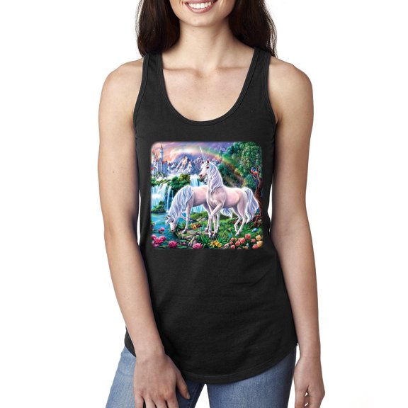 Unicorn Fanstasy Island Castle Animal Lover Ladies Racerback Tank Top, Black, Small