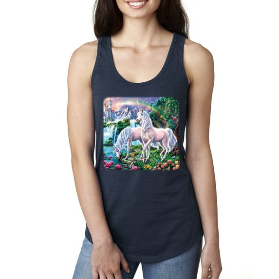 Unicorn Fanstasy Island Castle Animal Lover Ladies Racerback Tank Top, Navy, Small