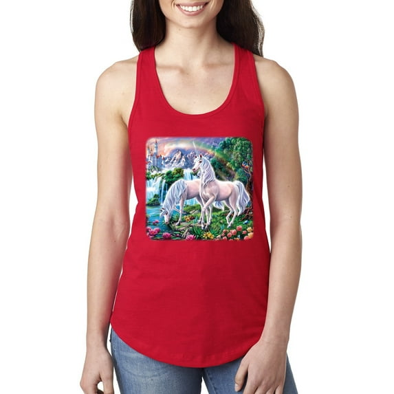 Unicorn Fanstasy Island Castle Animal Lover Ladies Racerback Tank Top, Red, X-Large