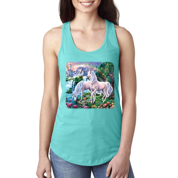 Unicorn Fanstasy Island Castle Animal Lover Ladies Racerback Tank Top, Tahiti Blue, Small