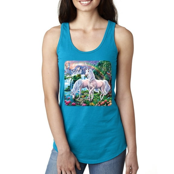 Unicorn Fanstasy Island Castle Animal Lover Ladies Racerback Tank Top, Turquoise, Large