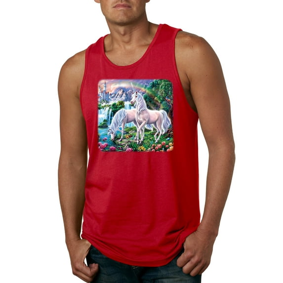 Unicorn Fanstasy Island Castle Animal Lover Male Graphic Tank Top, Red, Small