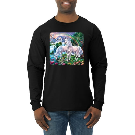 Unicorn Fanstasy Island Castle Animal Lover Male Long Sleeve Shirt, Black, Medium