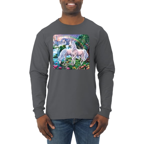 Unicorn Fanstasy Island Castle Animal Lover Male Long Sleeve Shirt, Charcoal, Small