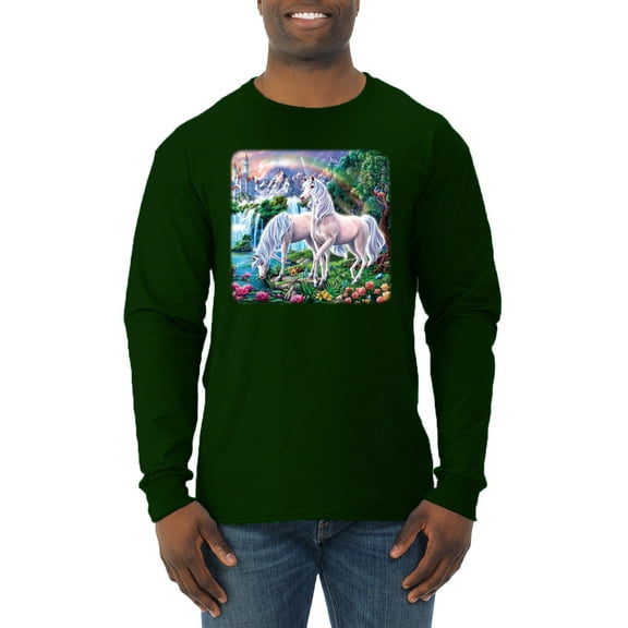 Unicorn Fanstasy Island Castle Animal Lover Male Long Sleeve Shirt, Forest Green, 2XL