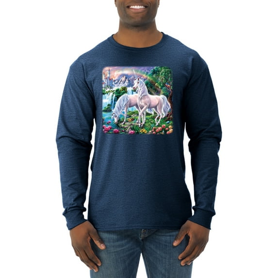 Unicorn Fanstasy Island Castle Animal Lover Male Long Sleeve Shirt, Vintage Heather Navy, Large