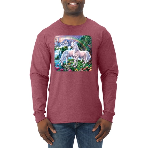 Unicorn Fanstasy Island Castle Animal Lover Male Long Sleeve Shirt, Vintage Heather Red, Small