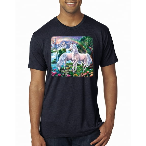 Unicorn Fanstasy Island Castle Animal Lover Male Premium Tri Blend T-Shirt, Vintage Navy, Small