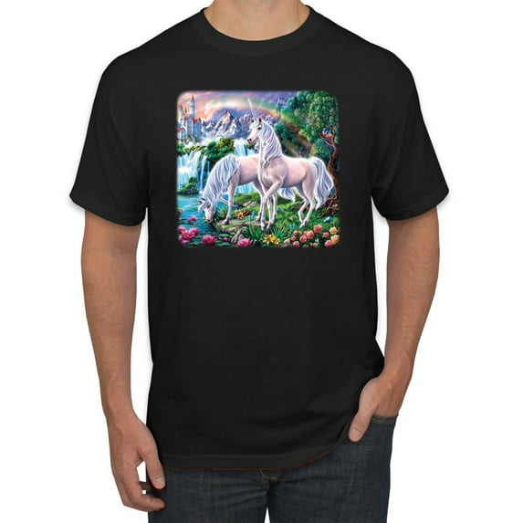 Unicorn Fanstasy Island Castle Animal Lover Men's Graphic T-Shirt, Black, Small